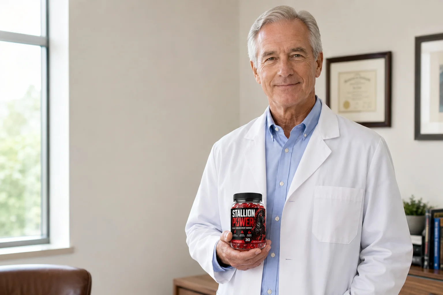 Doctor holding Stallion Power gummies bottle